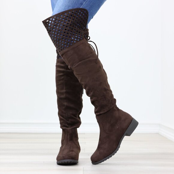Brown Thigh High Over The Knee Flat Boots Faux Suede - Picture 11 of 14